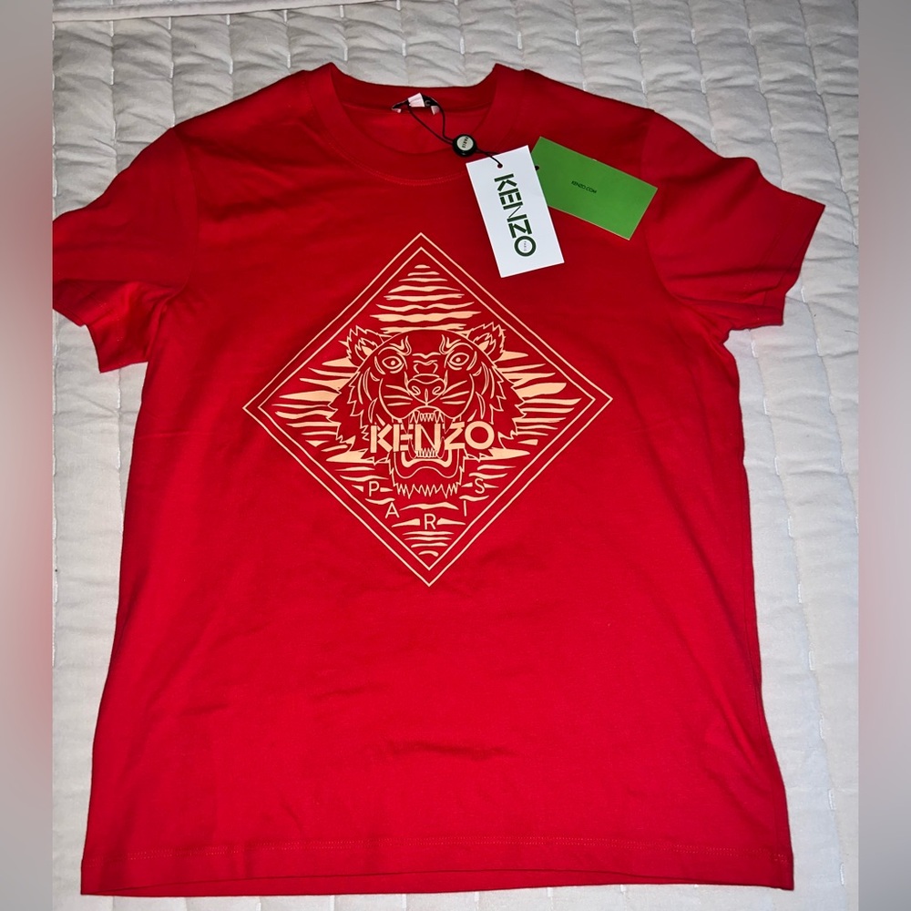 Kenzo Scarlet Tee with Gold Tiger Emblem